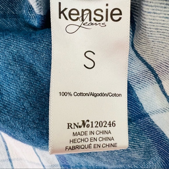 Kensie Jeans Button down Shirt Collared Long Sleeve Blue Plaid raw hem plaid - Picture 7 of 7